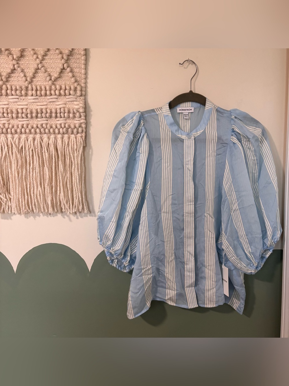 Nordstrom Light Blue & White Striped Puff Sleeve Shirt